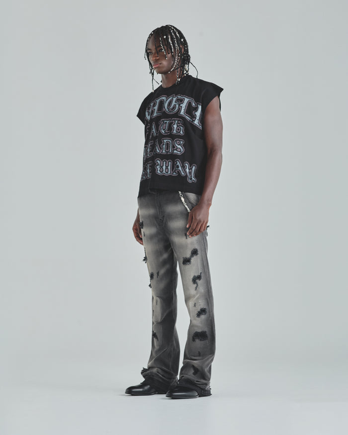 Act 1 UG Star Ripped Flare Jean Washed Black