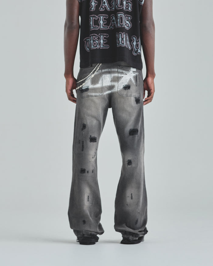 Act 1 UG Star Ripped Flare Jean Washed Black