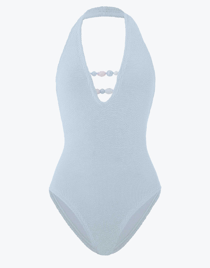 Hunza G Adriana Beaded Swimsuit - Metallic Ice Blue - Simply Beach UK