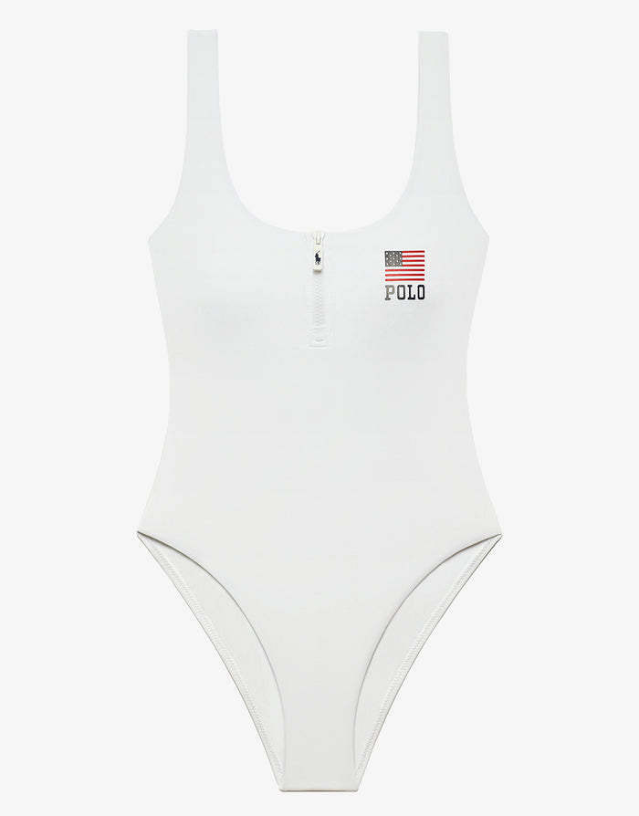 Polo Ralph Lauren Americana Zipper Scoop Tank Swimsuit - White - Simply Beach UK