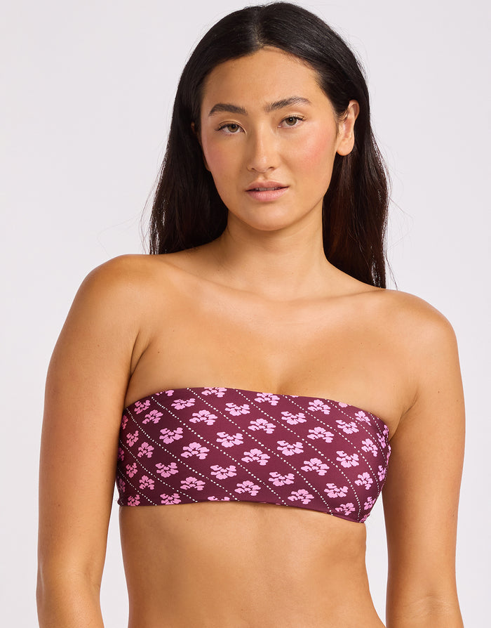 Batik Bloom Bandeau Bikini Top - Dark Burgundy