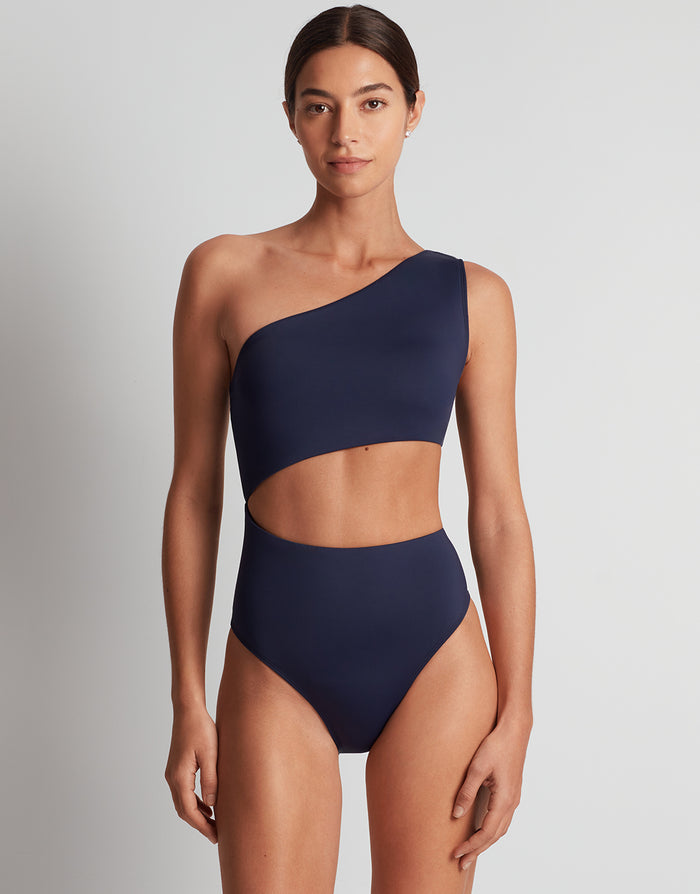 Lauren Ralph Lauren Beach Club Solids One Shoulder Cutout Swimsuit - Dark Navy - Simply Beach UK