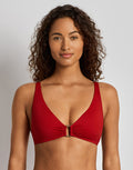 Lauren Ralph Lauren Beach Club Solids Ring OTS Bra Bikini Top - Cruising Red - Simply Beach UK