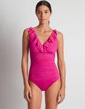 Lauren Ralph Lauren Beach Club Solids Ruffle Surplice Underwired Swimsuit - Freesia Pink - Simply Beach UK