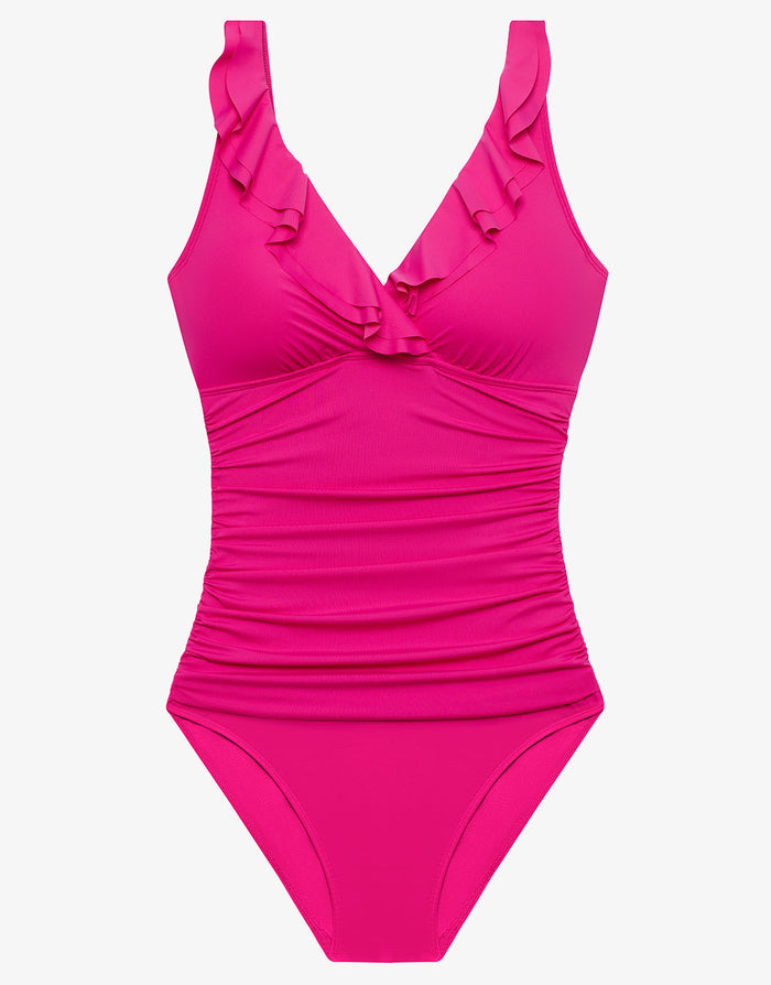 Lauren Ralph Lauren Beach Club Solids Ruffle Surplice Underwired Swimsuit - Freesia Pink - Simply Beach UK