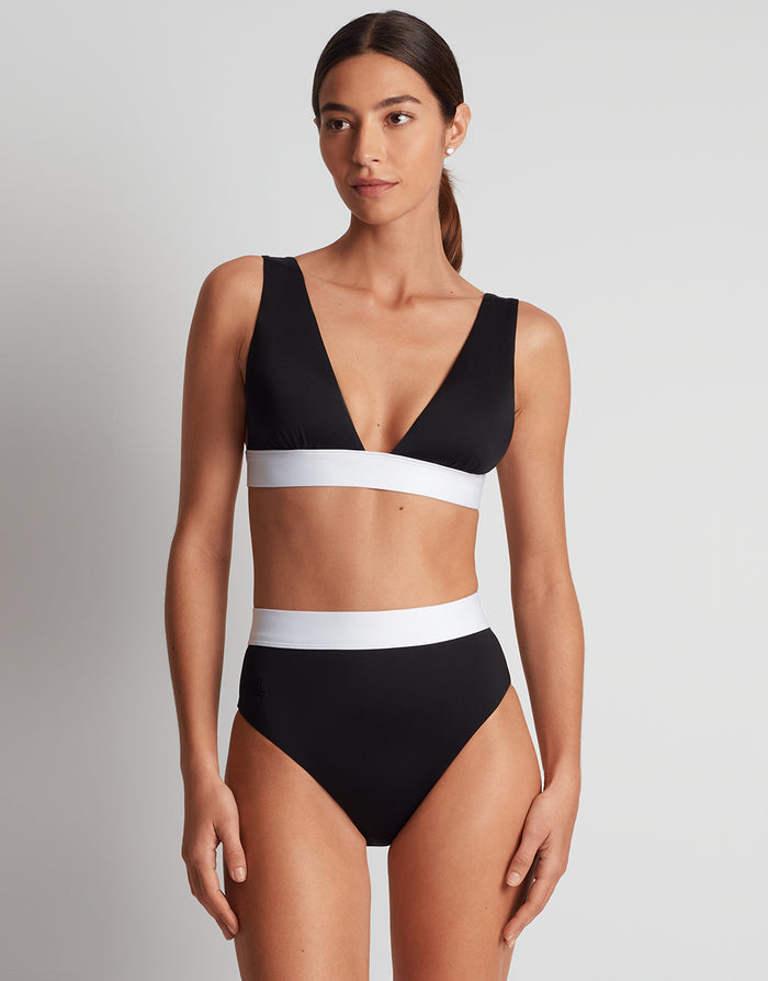 Lauren Ralph Lauren Bel Air Modern V Neck Bikini Top - Black and White - Simply Beach UK