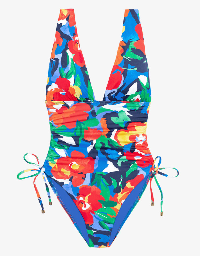 Bold Abstract Floral Ruched Plunge Swimsuit - Simply Beach UK