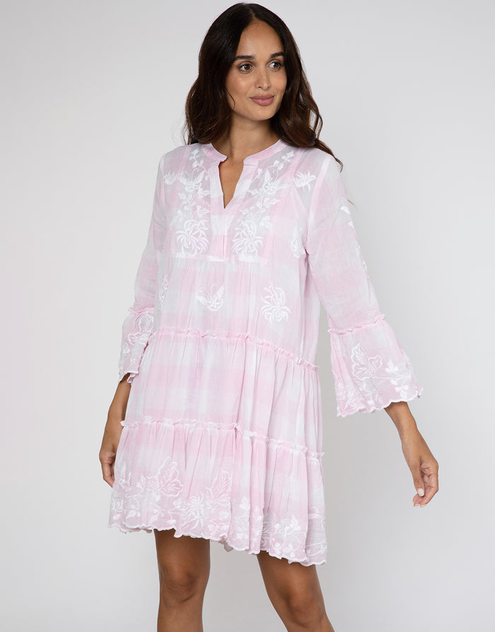 Butterfly Gingham Flared Sleeve Dress - Pink - Simply Beach UK