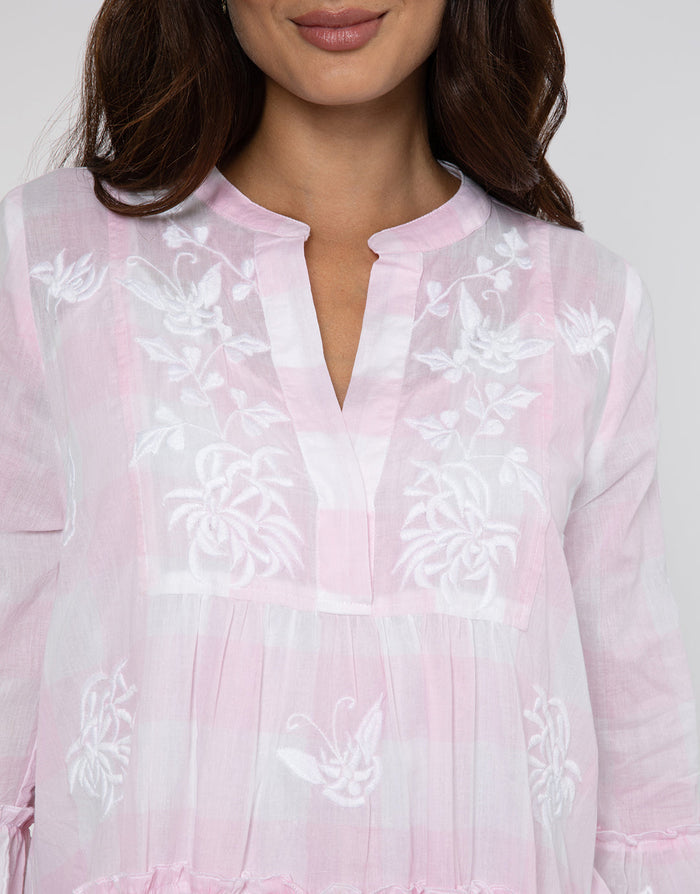 Butterfly Gingham Flared Sleeve Dress - Pink - Simply Beach UK