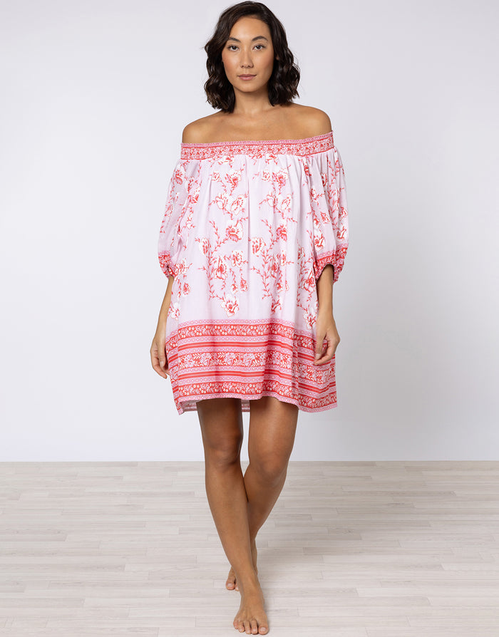Juliet Dunn Cherry Blossom Off Shoulder Dress - Rose and Red - Simply Beach UK