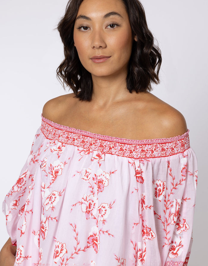Juliet Dunn Cherry Blossom Off Shoulder Dress - Rose and Red - Simply Beach UK