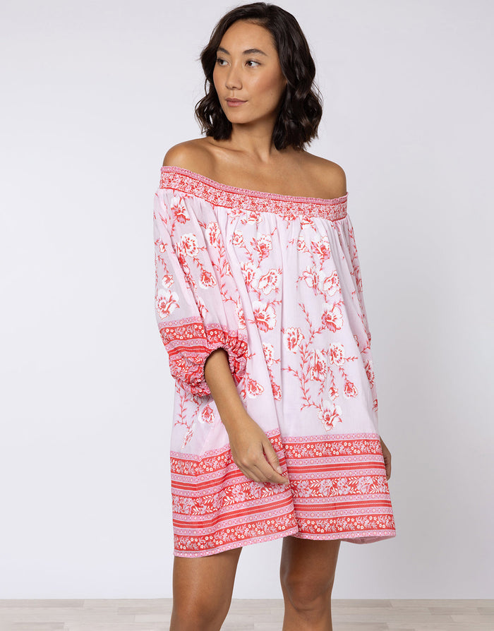 Juliet Dunn Cherry Blossom Off Shoulder Dress - Rose and Red - Simply Beach UK
