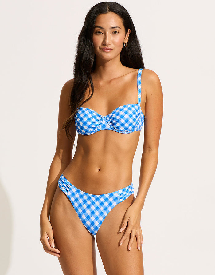 Ciao Bella Check High Leg Ruched Side Bikini Pant - Azure - Simply Beach UK