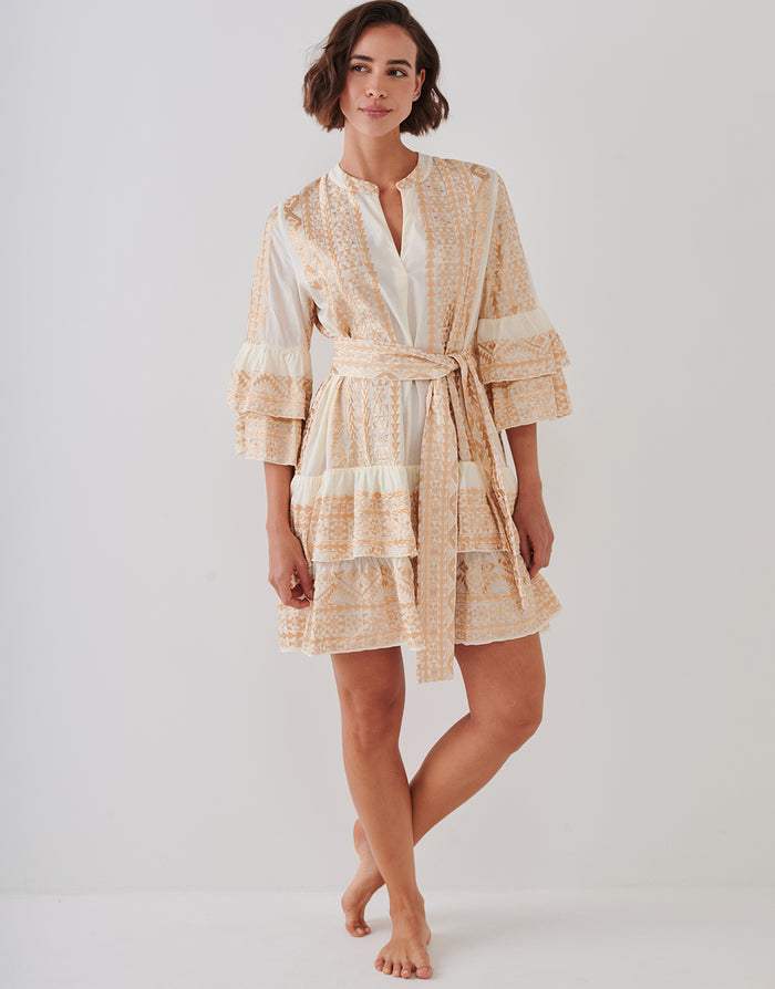 Greek Archaic Kori Classic Triangle Layered Mini Dress with Sash - Natural and Gold - Simply Beach UK
