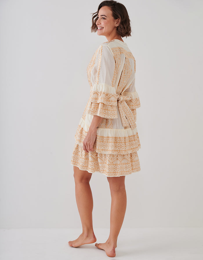 Greek Archaic Kori Classic Triangle Layered Mini Dress with Sash - Natural and Gold - Simply Beach UK