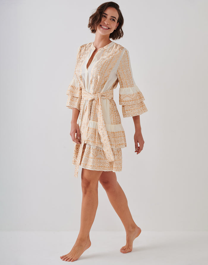 Greek Archaic Kori Classic Triangle Layered Mini Dress with Sash - Natural and Gold - Simply Beach UK