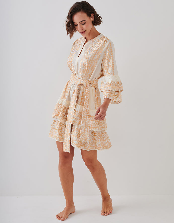 Greek Archaic Kori Classic Triangle Layered Mini Dress with Sash - Natural and Gold - Simply Beach UK