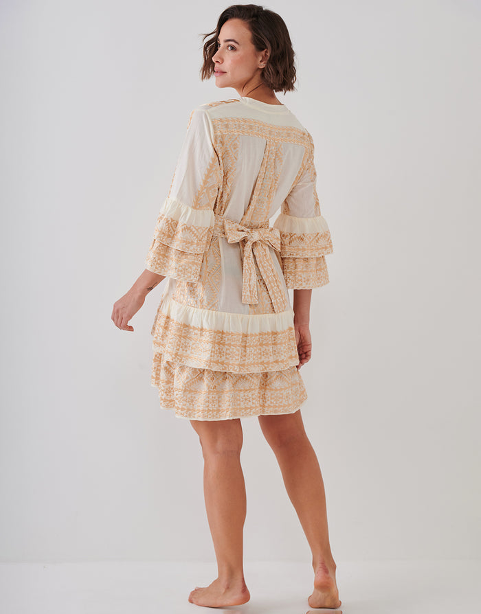 Greek Archaic Kori Classic Triangle Layered Mini Dress with Sash - Natural and Gold - Simply Beach UK