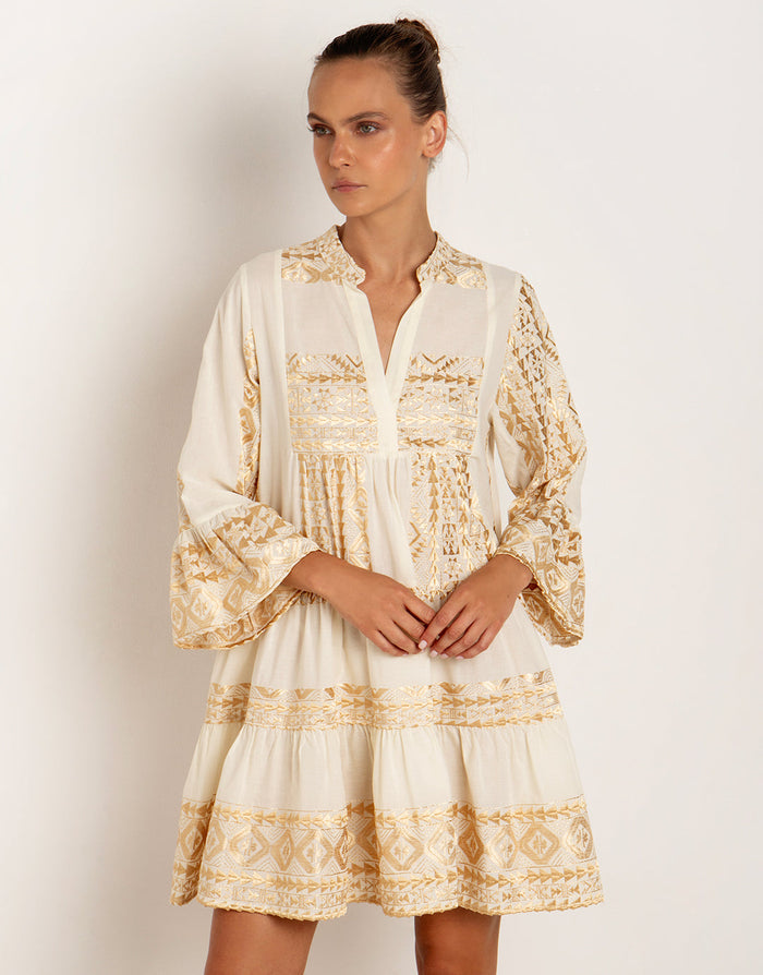 Greek Archaic Kori Classic Triangle Long Sleeve Dress - Natural and Gold - Simply Beach UK