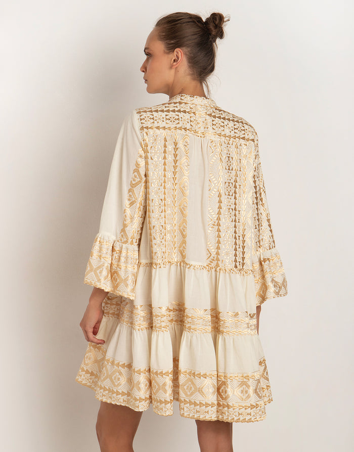 Greek Archaic Kori Classic Triangle Long Sleeve Dress - Natural and Gold - Simply Beach UK