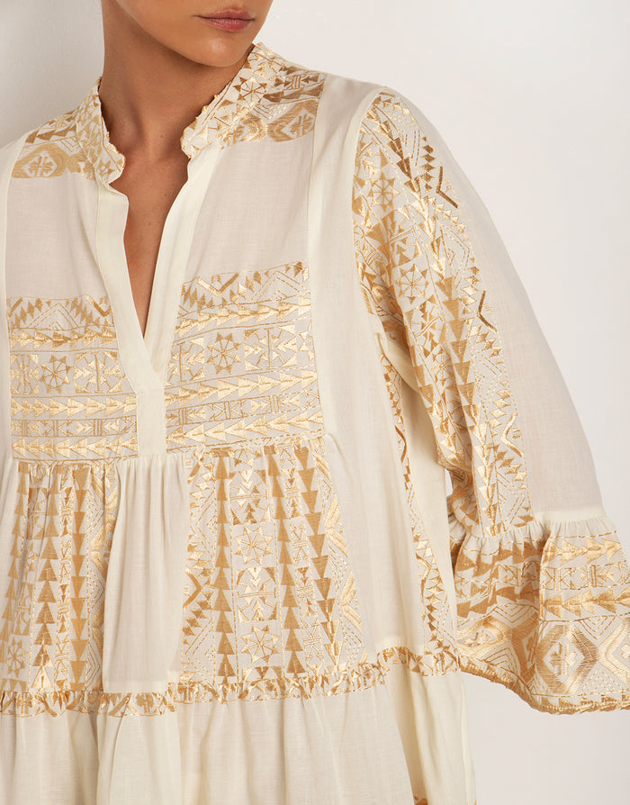 Greek Archaic Kori Classic Triangle Long Sleeve Dress - Natural and Gold - Simply Beach UK