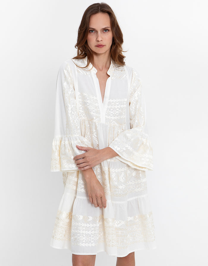 Greek Archaic Kori Classic Triangle Long Sleeve Dress - White and Champagne - Simply Beach UK