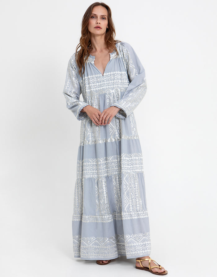 Greek Archaic Kori Classic Triangle Long Sleeve Maxi Dress - Light Grey and Champagne - Simply Beach UK