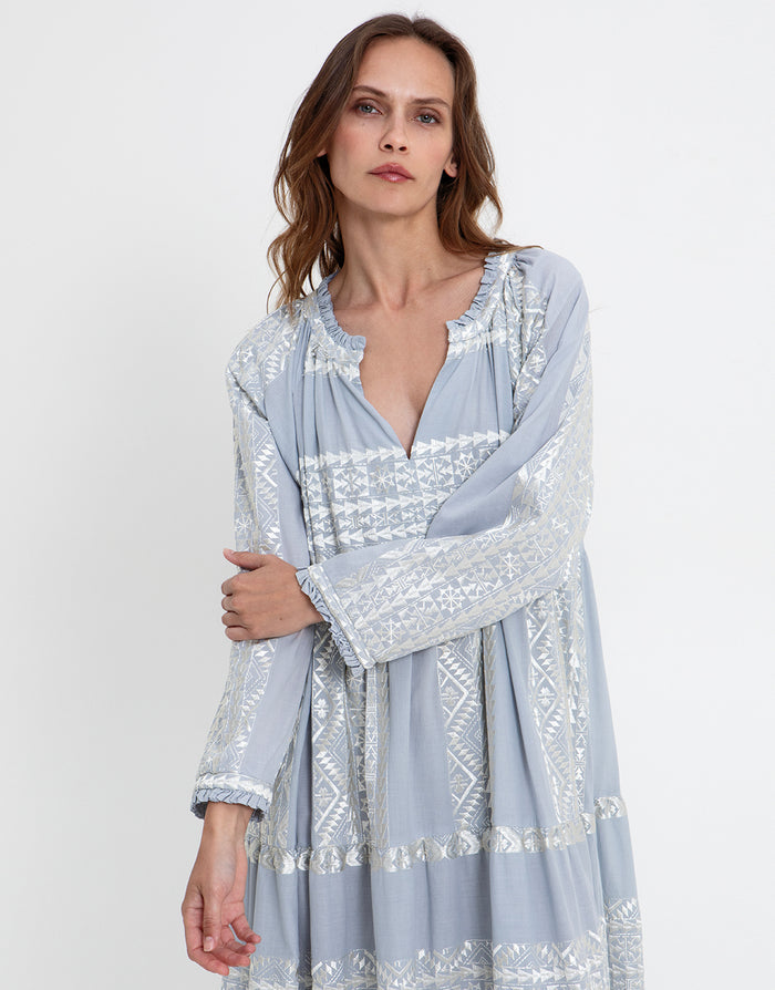 Greek Archaic Kori Classic Triangle Long Sleeve Maxi Dress - Light Grey and Champagne - Simply Beach UK