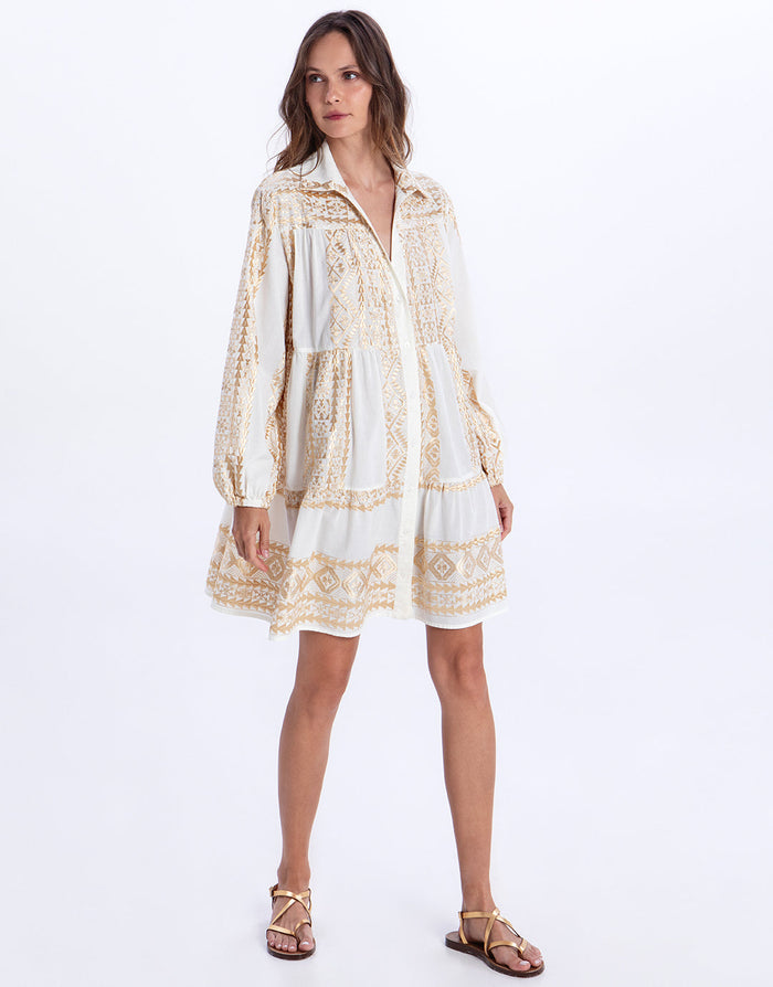 Greek Archaic Kori Classic Triangle Long Sleeve Mini Dress - White and Gold - Simply Beach UK