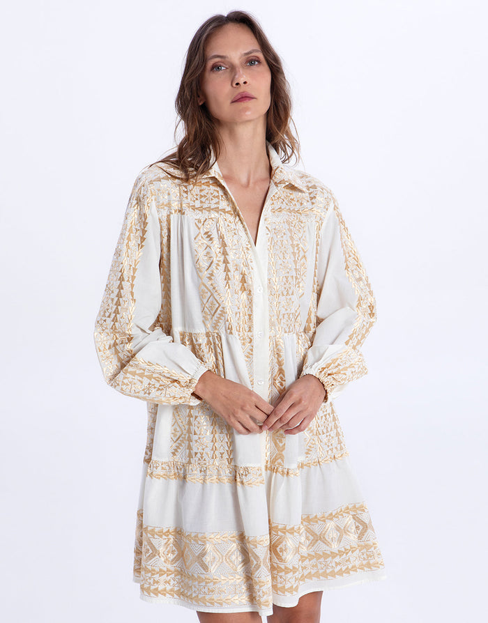 Greek Archaic Kori Classic Triangle Long Sleeve Mini Dress - White and Gold - Simply Beach UK