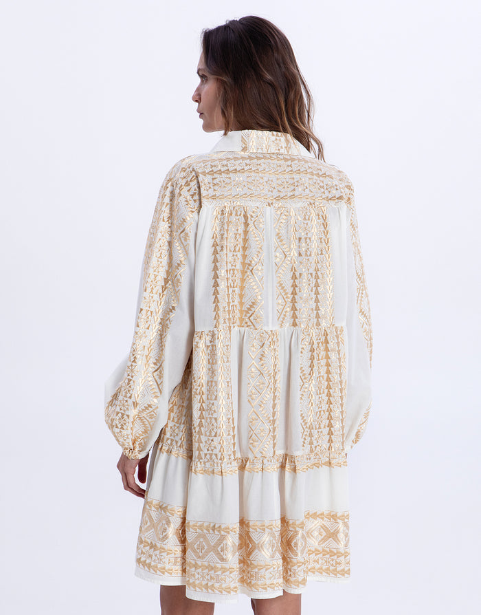 Greek Archaic Kori Classic Triangle Long Sleeve Mini Dress - White and Gold - Simply Beach UK