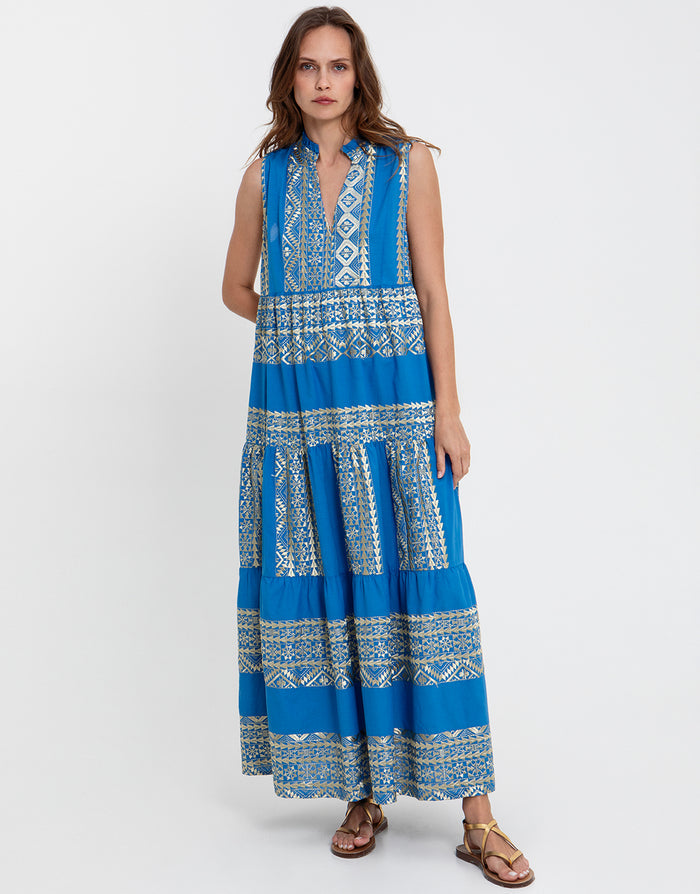 Greek Archaic Kori Classic Triangle Sleeveless Maxi Dress - Blue Raf and Gold - Simply Beach UK