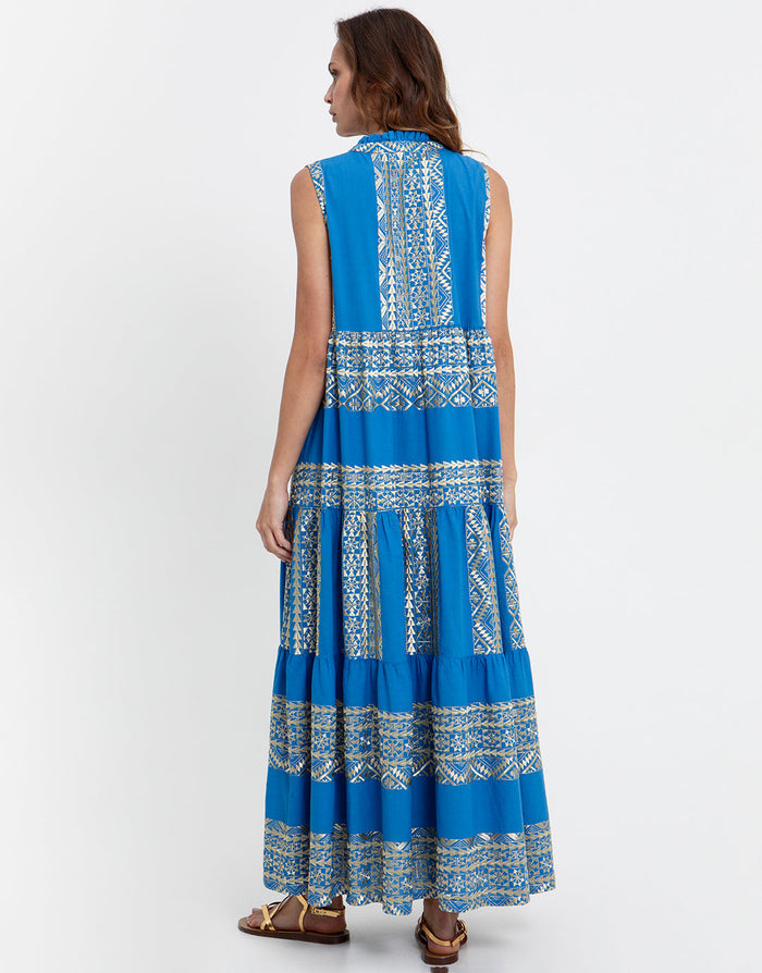 Greek Archaic Kori Classic Triangle Sleeveless Maxi Dress - Blue Raf and Gold - Simply Beach UK