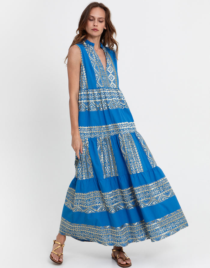 Greek Archaic Kori Classic Triangle Sleeveless Maxi Dress - Blue Raf and Gold - Simply Beach UK