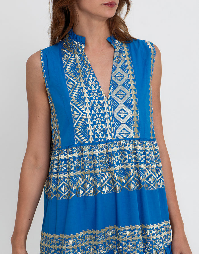 Greek Archaic Kori Classic Triangle Sleeveless Maxi Dress - Blue Raf and Gold - Simply Beach UK