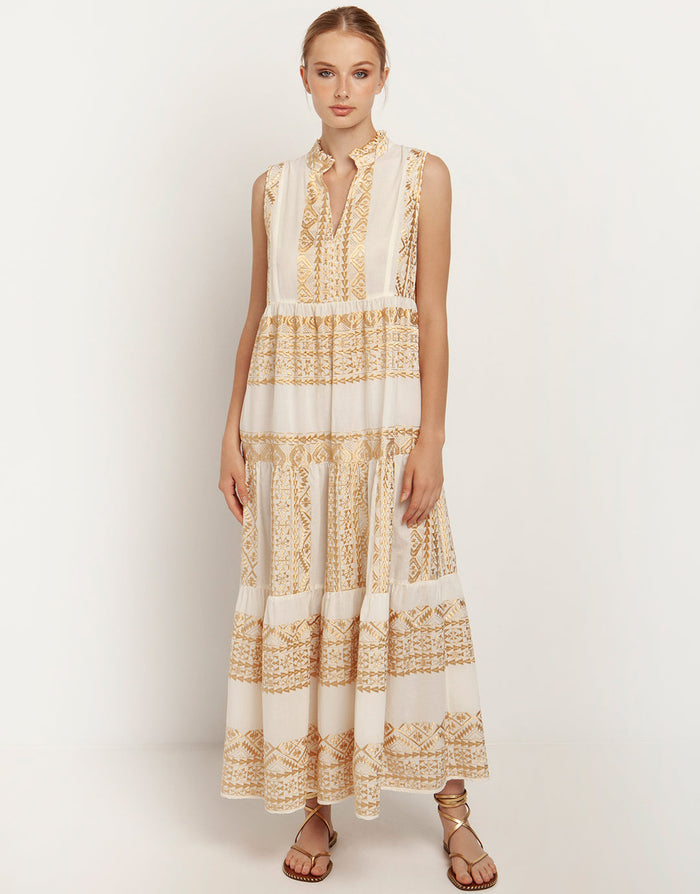 Greek Archaic Kori Classic Triangle Sleeveless Maxi Dress - Natural and Gold - Simply Beach UK