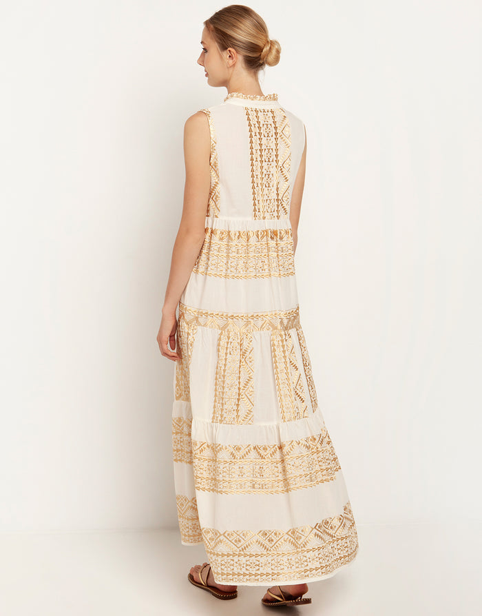 Greek Archaic Kori Classic Triangle Sleeveless Maxi Dress - Natural and Gold - Simply Beach UK