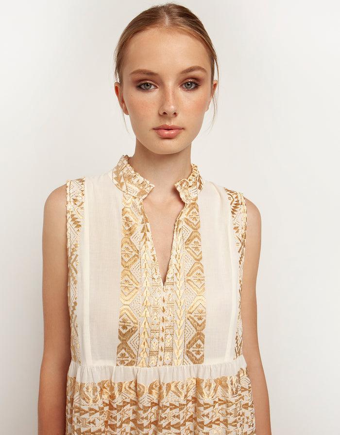 Greek Archaic Kori Classic Triangle Sleeveless Maxi Dress - Natural and Gold - Simply Beach UK