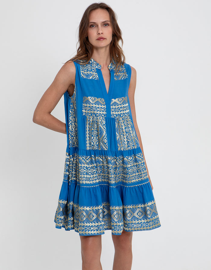Greek Archaic Kori Classic Triangle Sleeveless Mini Dress - Blue Raf and Gold - Simply Beach UK