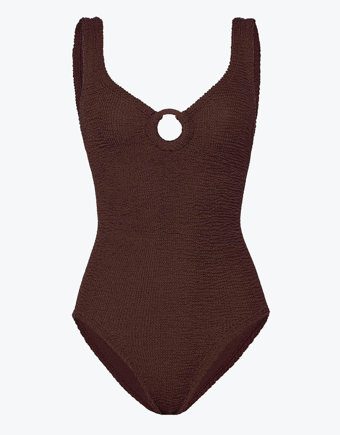 Hunza G Coverage Celine Swimsuit with Tonal Hoop  - Metallic Chocolate - Simply Beach UK