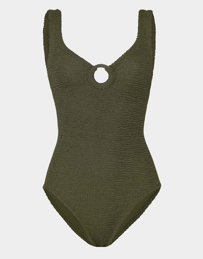 Hunza G Coverage Celine Swimsuit with Tonal Hoop - Metallic Khaki - Simply Beach UK