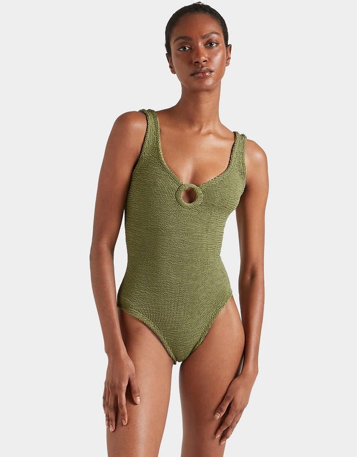 Hunza G Coverage Celine Swimsuit with Tonal Hoop - Metallic Moss - Simply Beach UK