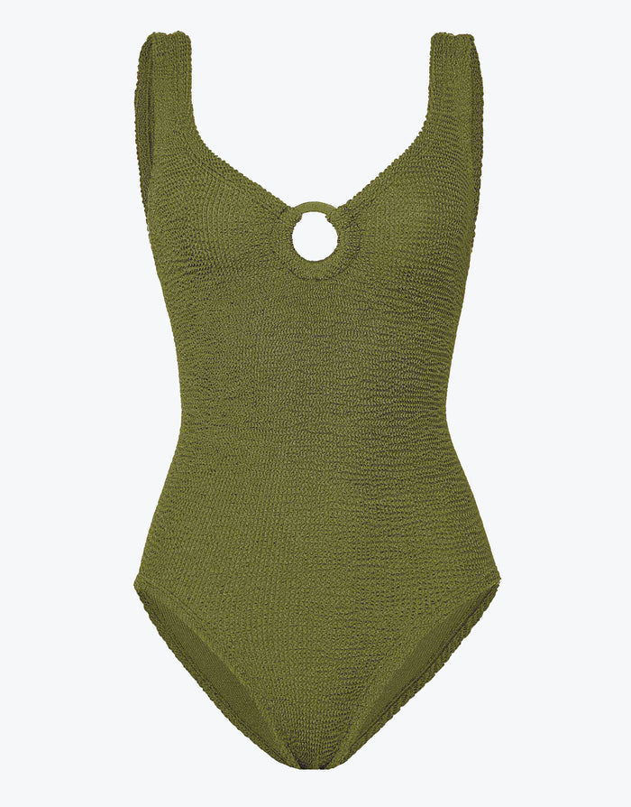 Hunza G Coverage Celine Swimsuit with Tonal Hoop - Metallic Moss - Simply Beach UK
