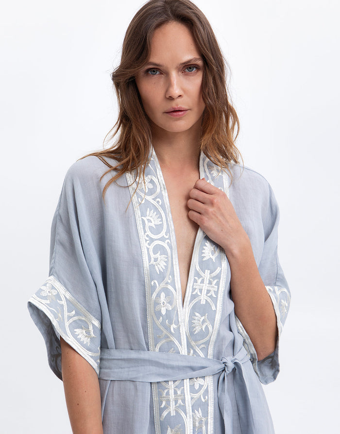 Greek Archaic Kori Crete Midi Kimono - Light Grey and Champagne - Simply Beach UK