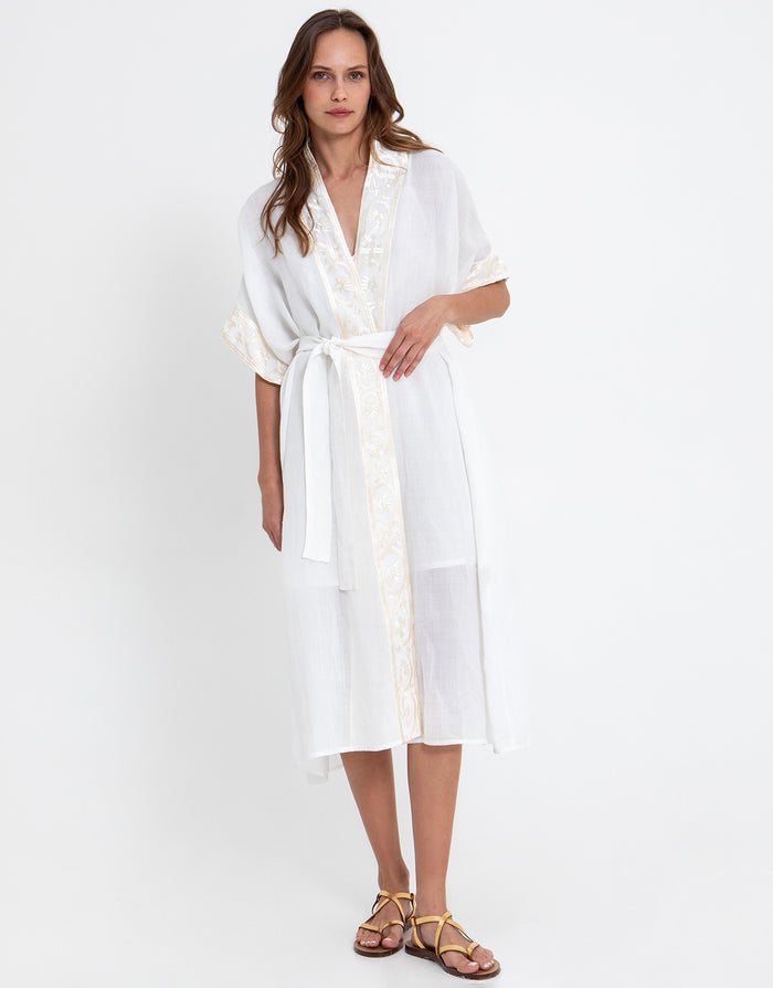 Greek Archaic Kori Crete Midi Kimono - White and Champagne - Simply Beach UK