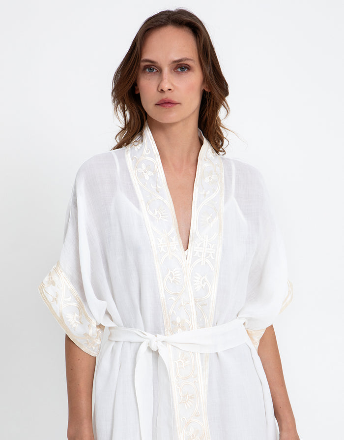 Greek Archaic Kori Crete Midi Kimono - White and Champagne - Simply Beach UK
