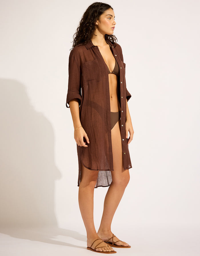 Seafolly Crinkle Twill Beach Shirt - Dark Chocolate - Simply Beach UK