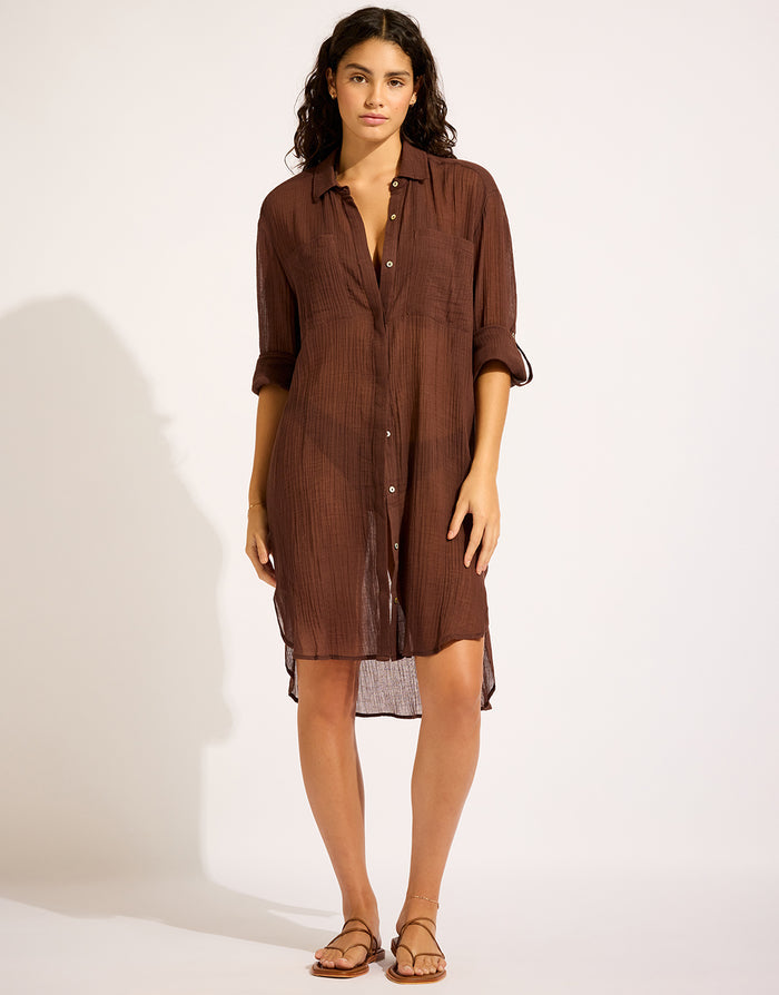 Seafolly Crinkle Twill Beach Shirt - Dark Chocolate - Simply Beach UK