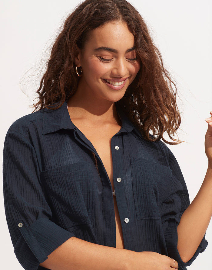 Crinkle Twill Beach Shirt - Indigo - Simply Beach UK