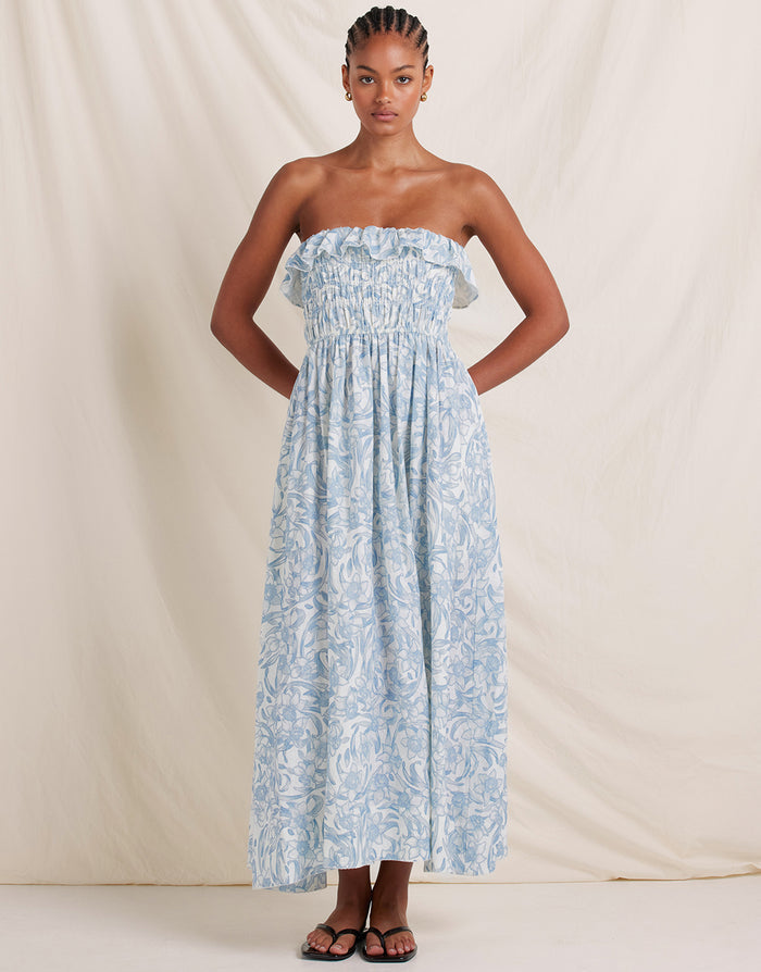 Peony Daffodil Shirred Midi Dress - Blue Print - Simply Beach UK
